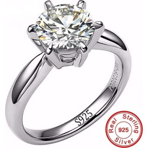 Real Solid 925 Sterling Silver Rings Finger Jewelry Classic 1Ct Round Simulated Diamond Wedding Engagement Ring For Women gift