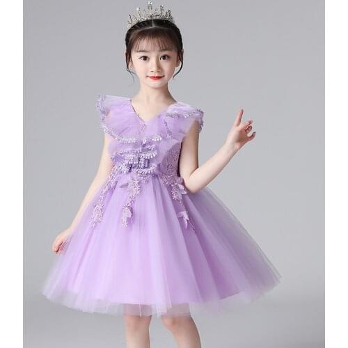 New Flower Girls Dress Wedding Summer Female Lace Fluffy Skirt Princess Purple Dresses Children Birthday Party Princess Dress