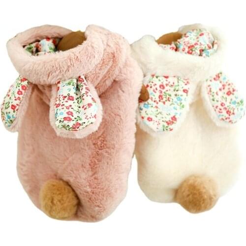 Autumn/Winter Pet Clothes Warm Dog Parkas Flower Print Thicken Dogs Down Coat Rabbit Big Ears Puppy Hoodie Pink Jacket Costume