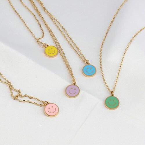 Color Smiley Necklace Stainless Steel Geometric Star Moon Necklaces Fashion Pink Blue Heart-shaped Pendant Necklace For Women