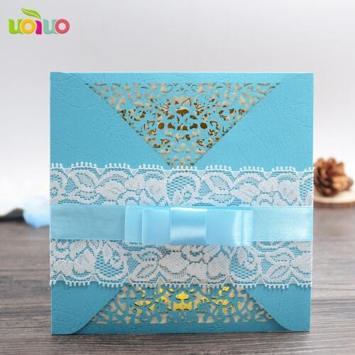 Unique sky blue pocket lace wedding invitation card chinese wedding cards make guangzhou wholesale invitation card price