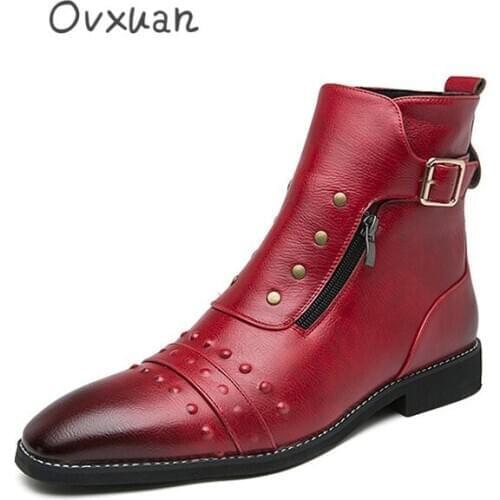 OVXUAN Vintage Punk Mid-Calf Boots Rivet Smart Social Metal Buckle Botas Hombre Men Shoes Leather Ankle Booties Oxford Zapatos