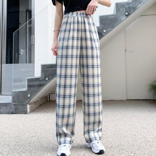 JMPRS Vintage Plaid Women Pants Elastic Waist Autumn Korean Style Casual Pocket Straight Straight Trousers Joggers Sweatpants
