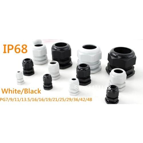50pcs/lot Waterproof Cable Gland IP68 PG7 PG9 PG11 PG13.5 PG16 PG19 PG21 White Black Nylon Plastic Connector