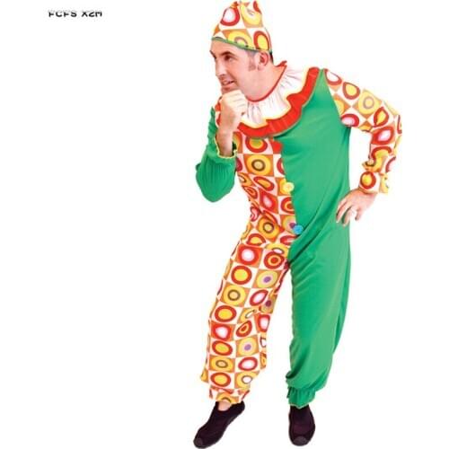 Funny Men Halloween circus clown Jumpsuits Costumes Adult droll Joker Cosplay Carnival Purim Stage play Masquerade Party dress