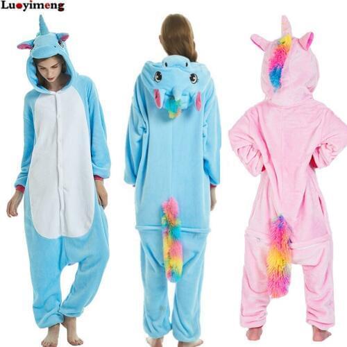 Girls Unicorn Lion Pajamas Sleepwear Flannel Cartoon Nightwear Family Party Oneise Pyjamas Women Animal Stitch Hooded Pijamas
