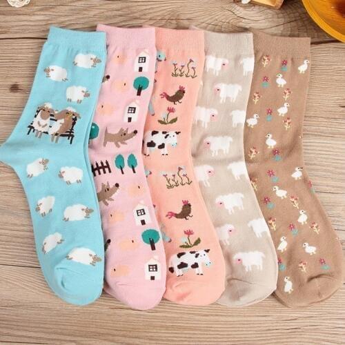 Womens Socks Japanese Cotton Cartoon Breathable Cute Funny Happy kawaii Cow sheep chicken Socks for Girl Christmas Gift 2019