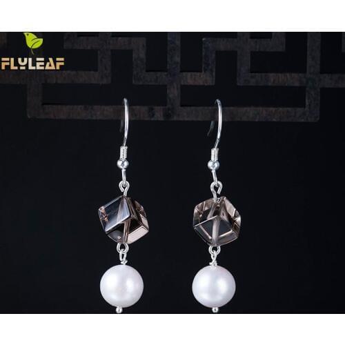 Flyleaf 925 Sterling Silver Geometric Nature Crystal Real Pearl Earrings For Women Fine Jewelry For Women High Quality Vintage