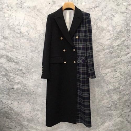 New Autumn Korean Blazer Mujer Casual Black Plaid Patchwork Suit Jacket Windbreaker Ladies Retro Double-breasted Long Coat f1450