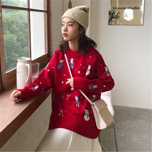 Spring Autumn Womens Sweater Christmas Red Sweater Korean Winter Loose Female Knit Sweater Retro Sweater Pullover T744