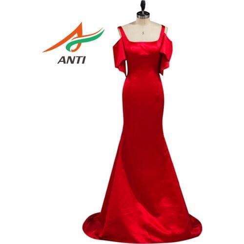 ANTI Elegant Red Mermaid Evening Dress Square Collar Satin Robe De Soiree Vestido De Festa Formal Party Evening Gowns Cap Sleeve