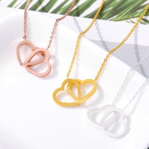Double Heart Couple Necklace Stainless Steel Rose Gold Color Love Heart Necklace Women Bridesmaid Gifts collares mujer