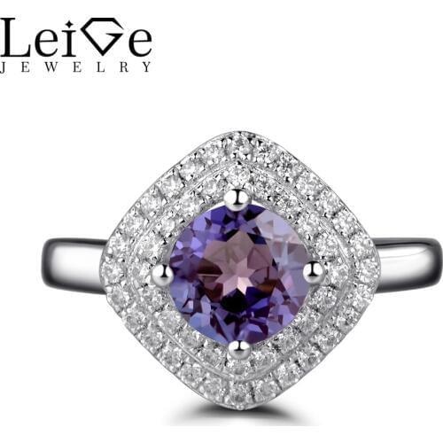Leige Jewelry Wedding Ring Lab Alexandrite Ring Color Change Round Cut Gemstone 925 Sterling Silver Halo Ring June Birthstone