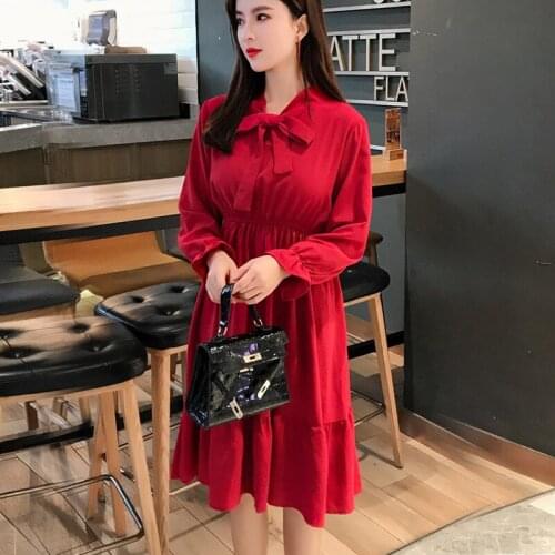 Women chiffon dress 2020 spring summer new female elegant vintage long sleeve solid a-line dresses office lady casual dress