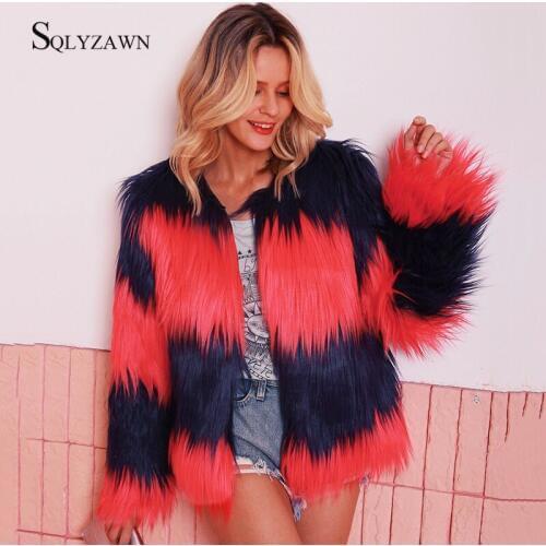 Winter Women Faux Fur Colorblock Stripe Teddy Jacket Furry Blue Red Furry Shaggy Coat Female Fashion Fluffy Cardigan Plus Size