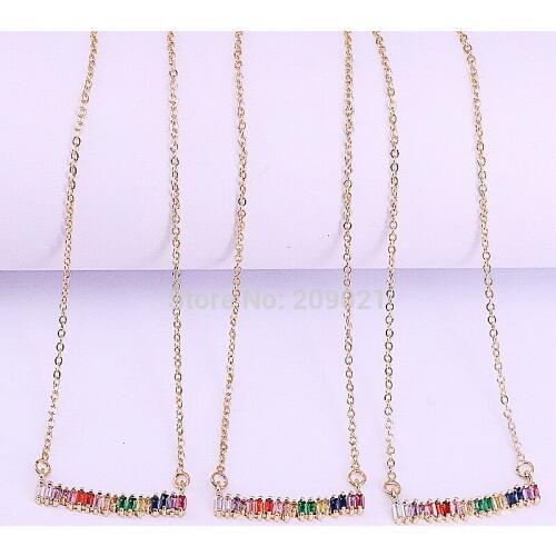 New Trendy 10Pcs Top Quality Gold Color Cubic Zirconia CZ Micro Pave Curved Bar Pendant Charm Necklaces For Women