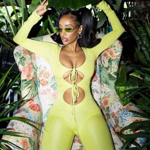 DSMTRC Summer Autumn Women Fashion Streetwear Outfits Party Elegant Wear 2021 Solid Long Sleeves Bandage Cut Out Sexy Jumpsuit