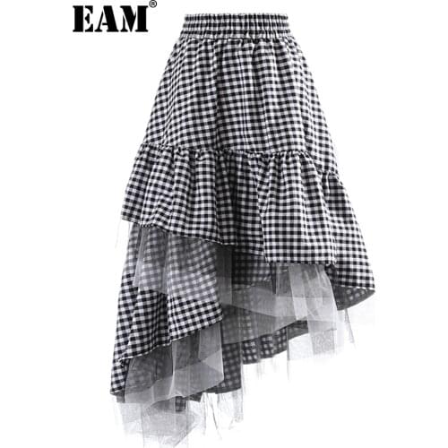 [EAM] High Elastic Waist Black Plaid Irregular Mesh Long Half-body Skirt Women Fashion Tide New Spring Autumn 2021 1DD9248
