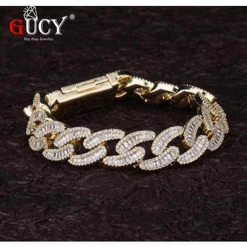 GUCY 14mm Chunky Miami Lock Clasp Cuban Link Bracelet Charm Gold Silver Color Iced Out Cubic Zirconia Mens Hip Hop Rock Jewelry