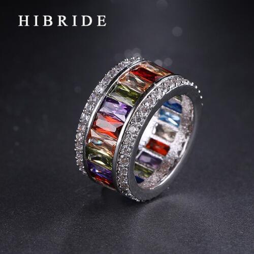 HIBRIDE Luxury 6/7/8/9 Size Rainbow Cubic Zirconia Finger Women Men Ring Top Rhodium Plated Rings For Party Gifts QSP0010-19