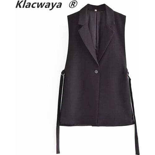 Klacwaya Women 2021 Fashion Solid Side Slit One-Button Vest Vintage Suit Collar Sleeveless Femme Outerwear Chic Veste