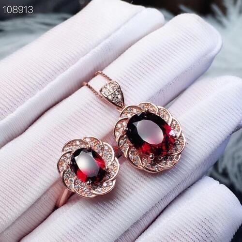 KJJEAXCMY boutique jewels 925 sterling silver inlaid Natural Garnet Pendant Ring Necklace suit support detection
