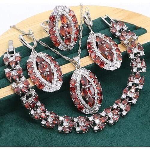 Red Garnet 925 Silver Jewelry set for Women Wedding Bracelet Earrings Necklace pendant Ring Birthday Gift