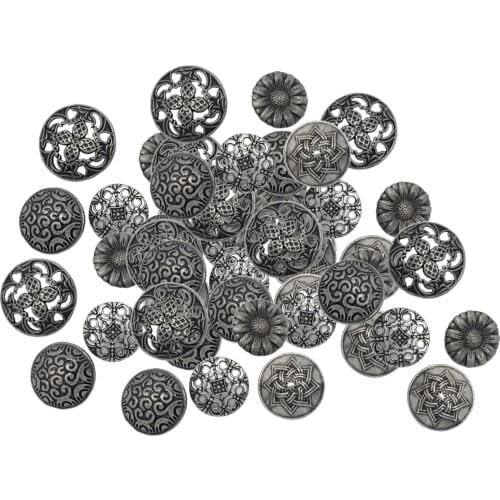 50x Round Mixed Antique Silver Vintage Metal Buttons Beautiful Flower Decorative for DIY Crafts Decor Knitting Crochet Sewing