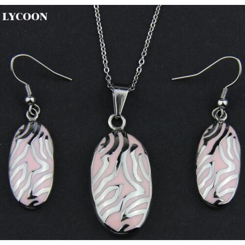 LYCOON newest stainless steel white and pink resin pendant necklace prong set enamel earrings jewelry set for women LYS027