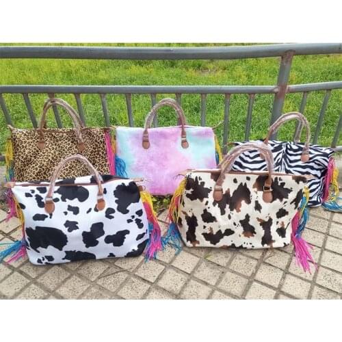 Fashion Rainbow Colorful Tassel PU Hand Cow Print Weekender Bag Fur Fleece Leopard Handbag Tie dye Large Tote Purse
