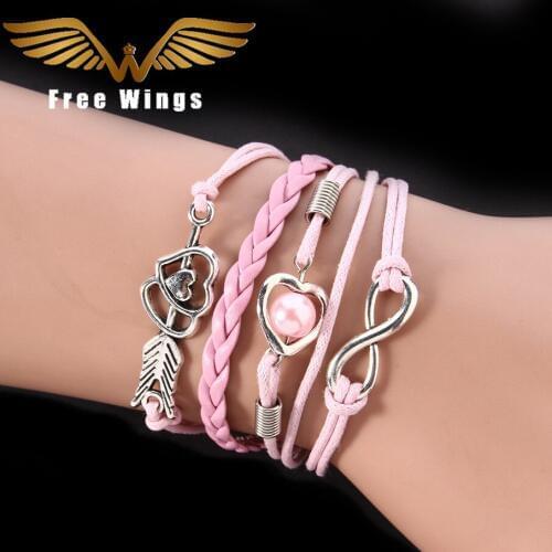 Pink Infinite Love Heart Bead Male Bracelet Leather Wrap Charm Bohemian Female Jewelry Bracelets