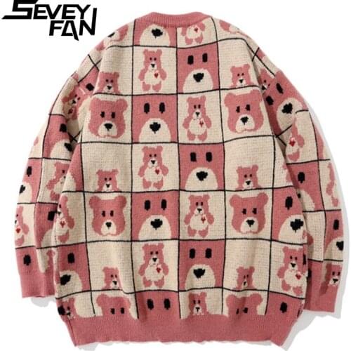 SEVEYFAN Mens Fashion Cartoon Bear Jacquard Sweater Hip Hop Loose O Neck Cotton Pullover Knitwear for Couples