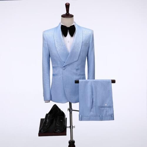 2020 Brand Men Sky Blue Jacquard Double Breasted Wedding Groom Suit With Pants Tuxedo For Men Wedding Suits Prom Best Man Suit