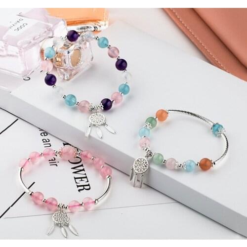 Real 925 Sterling Silver Bracelets For Women Korean Natural Stone Stretch Strawberry Quartz Bangle Dreamcatcher Pendant Gifts