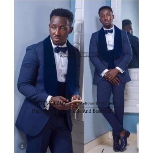 New Groomsmen Shawl Velvet Lapel Groom Tuxedos Navy Blue Men Suits Wedding Best Man ( Jacket+Pants+Bow Tie+Vest ) Costume Homme
