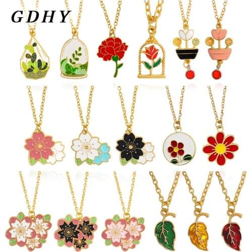 GDHY Rose Cherry Blossoms Cactus Potted Necklaces leaves Botany Plant Flowers Pendant Necklace For Woman Chain Choker Jewelry