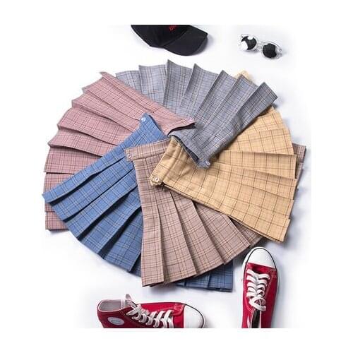 Plaid pleated skirt female spring summer high waist short skirt fall college wind yellow A-character skirt super-hot SchoolSkirt