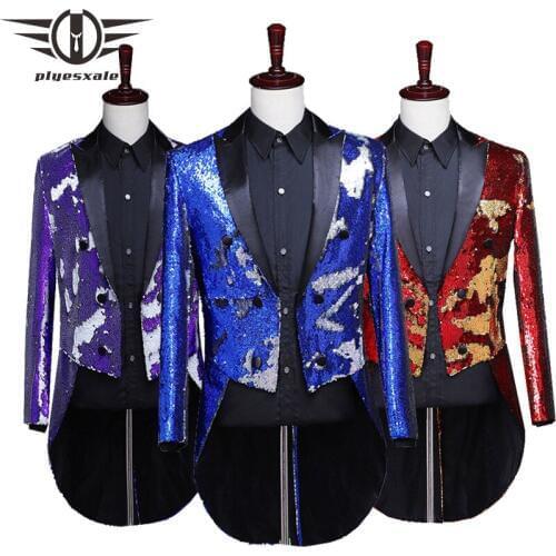 Plyesxale Blue Red Silver Purple Sequin Blazer Men 2019 Stylish Glitter Tuxedo Blazers Discoloration Stage Nightclub Blazer Q593