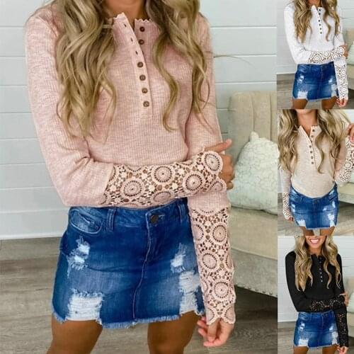 Sexy Solid Color Hollow Button Lace Top Fashion Long-Sleeved Lace T-Shirt Autumn Warm Clothing