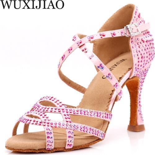WUXIJIAO Dance Shoes Latin Woman Salsa Silk Satin Dancing Shoes Glitter Rhinestone Professional Dance Shoes Ballroom Soft Bottom