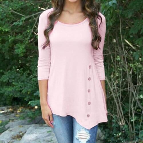 Women Irregular Blouse Solid Color Long Sleeve Loose Button Trim Blouse Elegant Round Neck Casual Plus Size Tunic Shirt Блузки