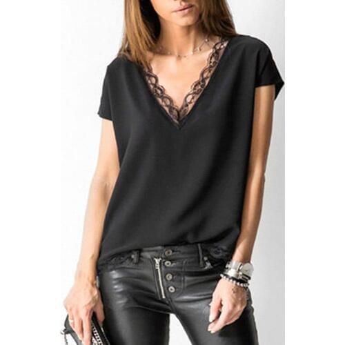 T Shirt Women Casual black Sexy Low Cut Lace Tops Daily Vintage Short Sleeve Tops Modis V-Neck Elegant T-Shirt Poleras Mujer
