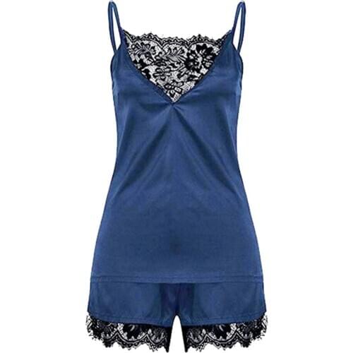 Womens Lace Satin Sleepwear Cami Top And Shorts Pajama Set Blue