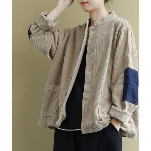Johnature Retro Patchwork Long Sleeve Stand Pockets Single Breasted Corduroy Coats 2021 Autumn New Leisure All-match Women Coat