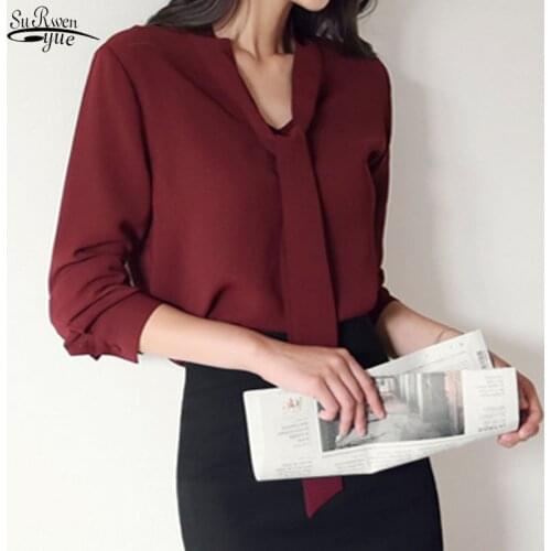 2021 Loose Women Tops and Blouses Long Sleeve Bow Tie Korean Ladies Clothing Chiffon Shirts Blouse Women Solid Color Shirt 699C