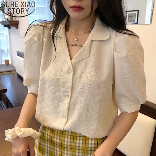 White Shirts Ladies Tops Women Summer Puff Short Sleeve Solid 2021 Plus Size Loose Casual Vintage Suit Collar Cardigan 10110