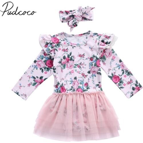 Brand New Newborn Infant Baby Girl Clothes Bodysuits 2PCS Long Sleeve Floral Lace Chiffon Jumpsuits +Headband Outfit 0-24M