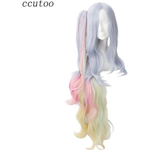 Ccutoo No Game No Life Shiro 120cm Blue Pink Yellow Mix Long Curly Synthetic Cosplay Full Wigs Hair With Chip Ponytail