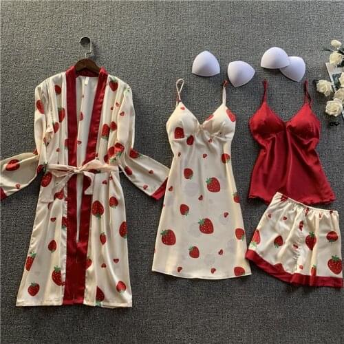 Women Silksexy women Lace Pajama Sets Trim Satin Cami Tops Robe Sexy four piece set Sleepwear Nightdress Pajamas Set pijiamas