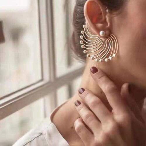 European and American individual character beautiful sector exaggerates earring geometry artificial pearl joker earring female n